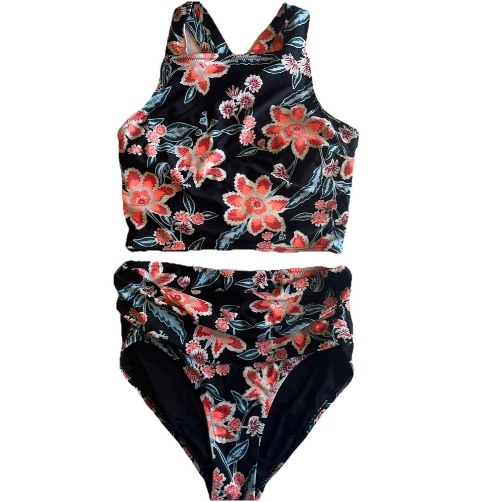 Old Navy Tankini Women’s S Black Pink Tropical High Waist Two Piece Swimsuit